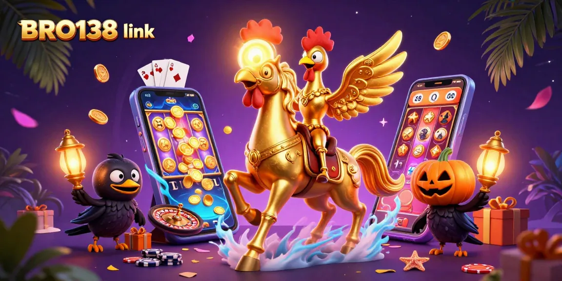 Experience thrilling gameplay at BRO138 link, featuring a golden rooster and vibrant casino elements.