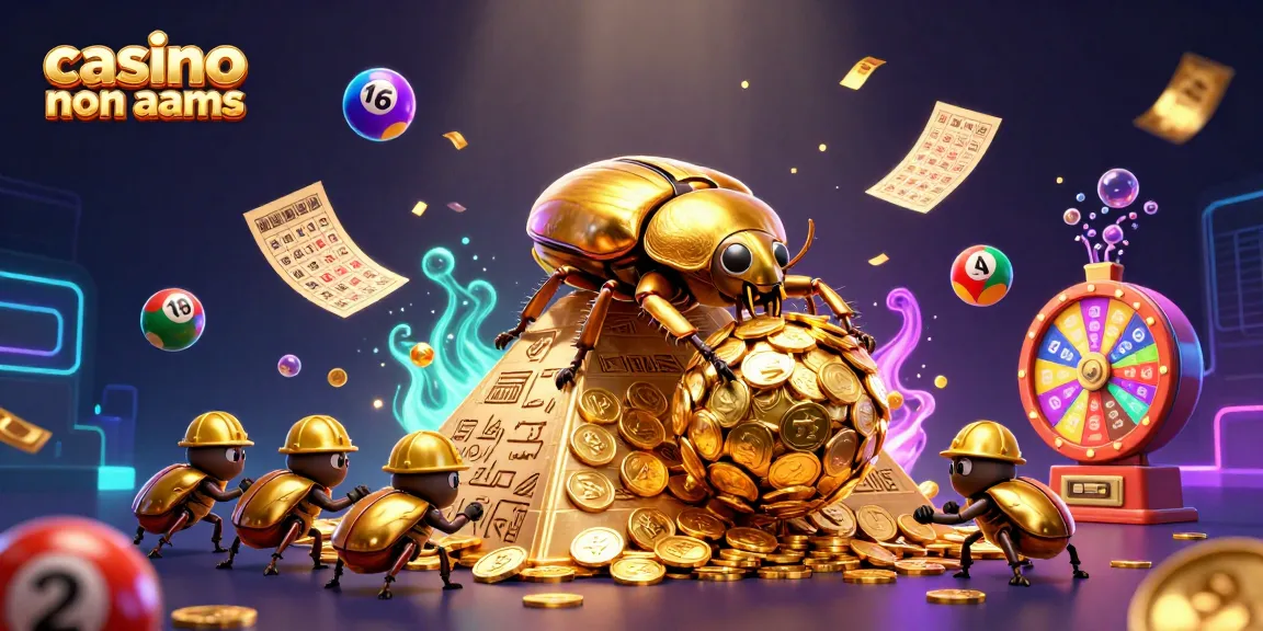 Scopri il mondo dei casino non AAMS con l'illustrazione di uno scarabeo d'oro e simboli di fortuna.
