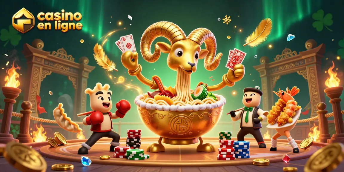 Une illustration 3D de casino en ligne avec un bol de ramen doré et des personnages ludiques, créant une ambiance de jeu.