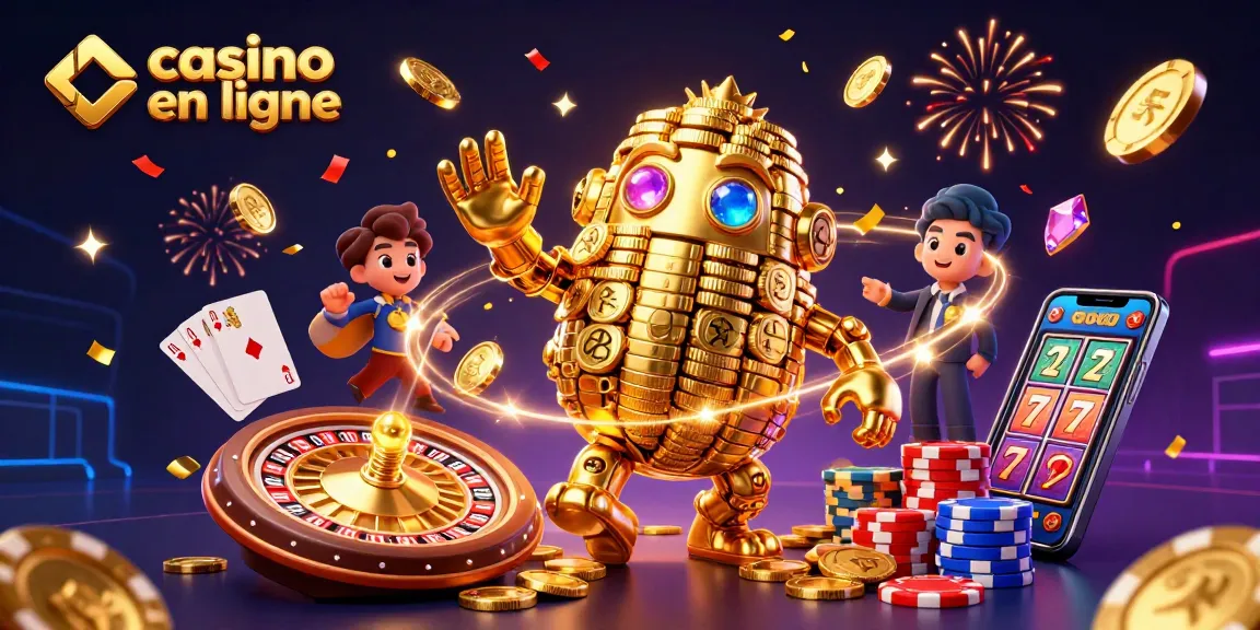 Illustration animée sur le thème casino en ligne, mettant en avant un golem doré entouré de jetons et de cartes.