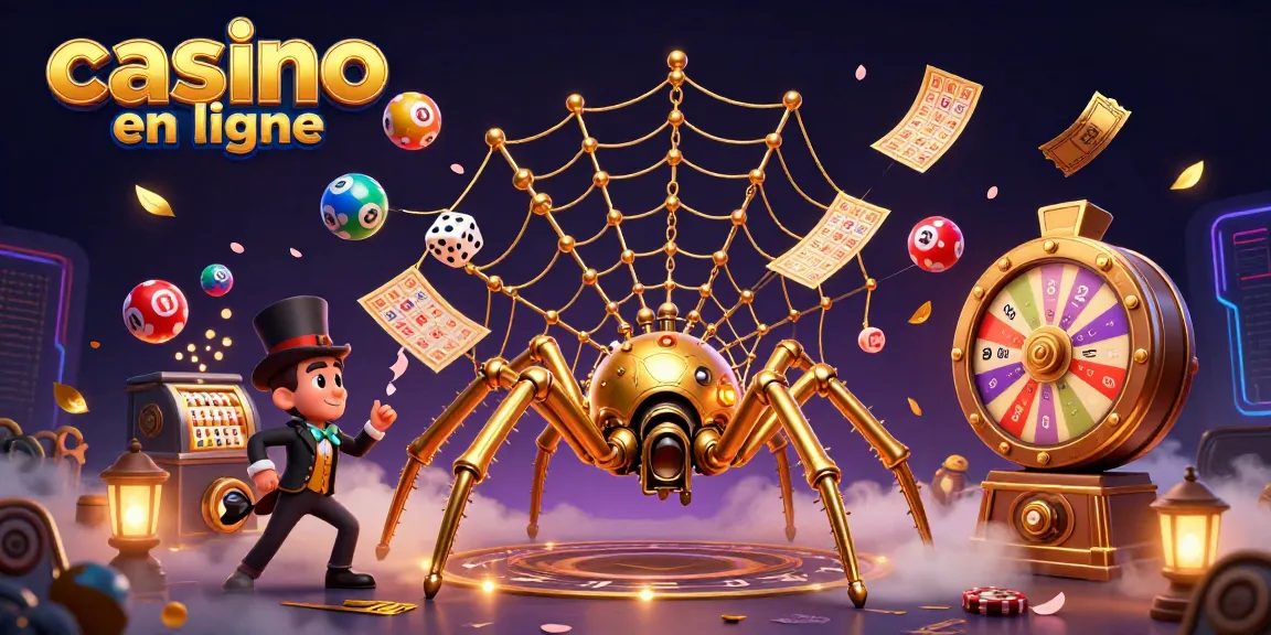 Imaginez le monde du casino en ligne avec une araignée en or capturant des dés malchanceux dans sa toile dorée, entourée de balles de loterie colorées.