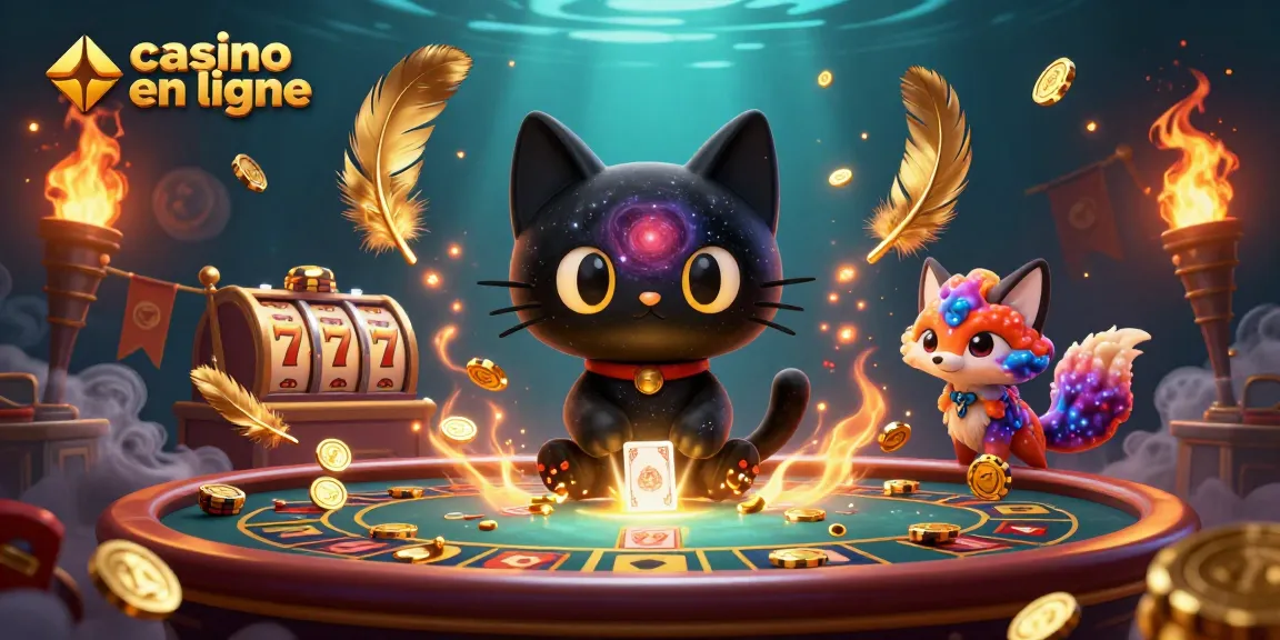 Jouez sur un casino en ligne avec un chat noir, un trou noir et un renard nébuleux, entourés de jetons d'or.