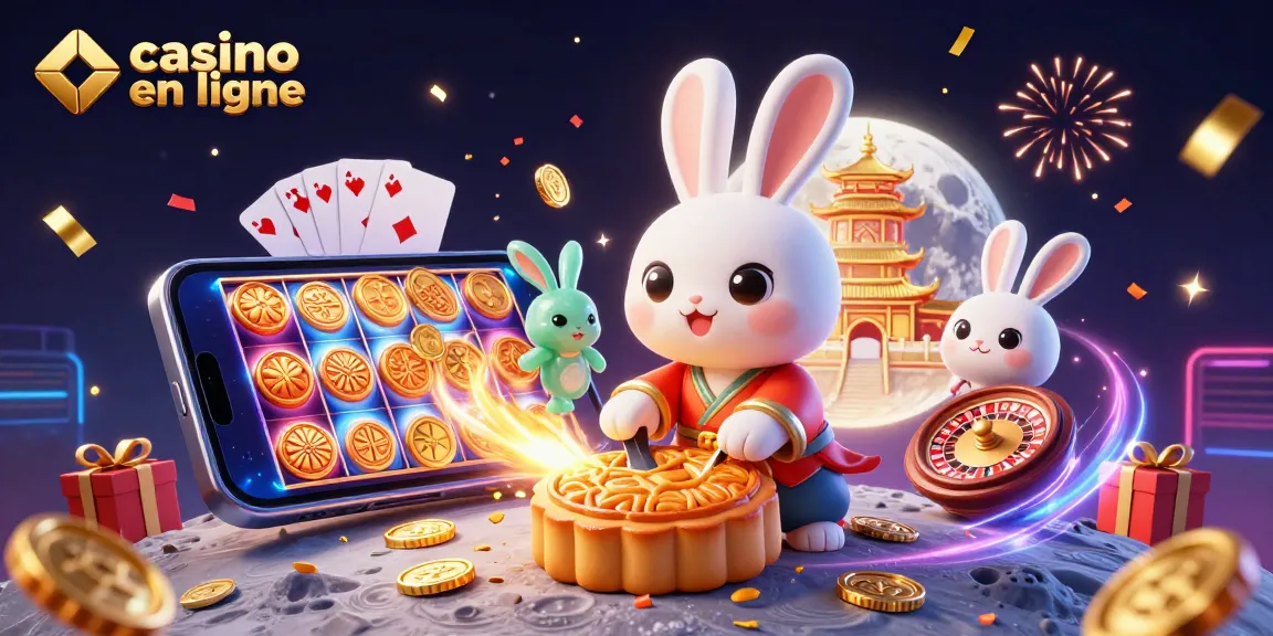 Illustration captivante "casino en ligne" avec un lapin de lune et des éléments de jeu variés