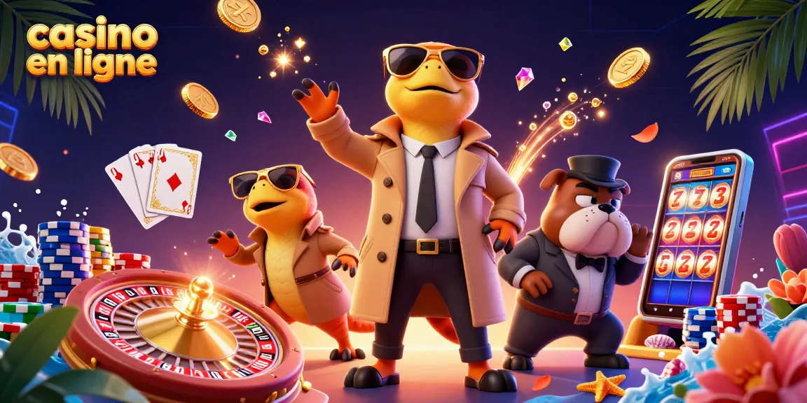 Illustration de trois raptors en trench-coat tentant d'entrer dans un casino en ligne avec des éléments de jeu éparpillés.
