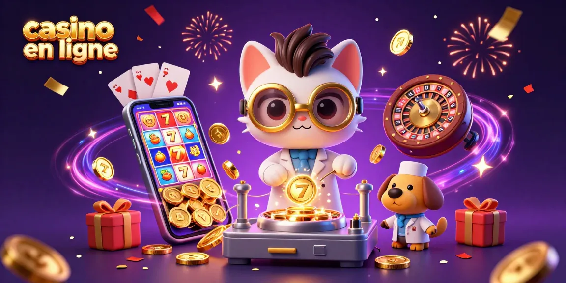 Illustration dynamique de casino en ligne avec un chat scientifique fou et un chien assistant, entouré de machines à sous.