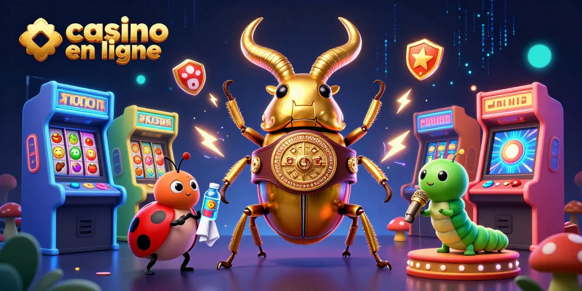 Image illustrant un combat de casino en ligne avec un scarabée géant et une machine à sous, captivant et dynamique.