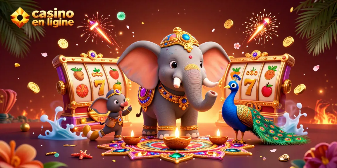 Gagnez gros au casino en ligne avec des éléphants décorés et des symboles de machine à sous scintillants.