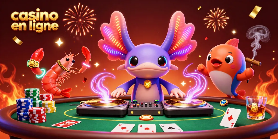 Illustration dynamique d'un DJ axolotl en couleurs néon au cœur d'un casino en ligne avec des jetons de poker.
