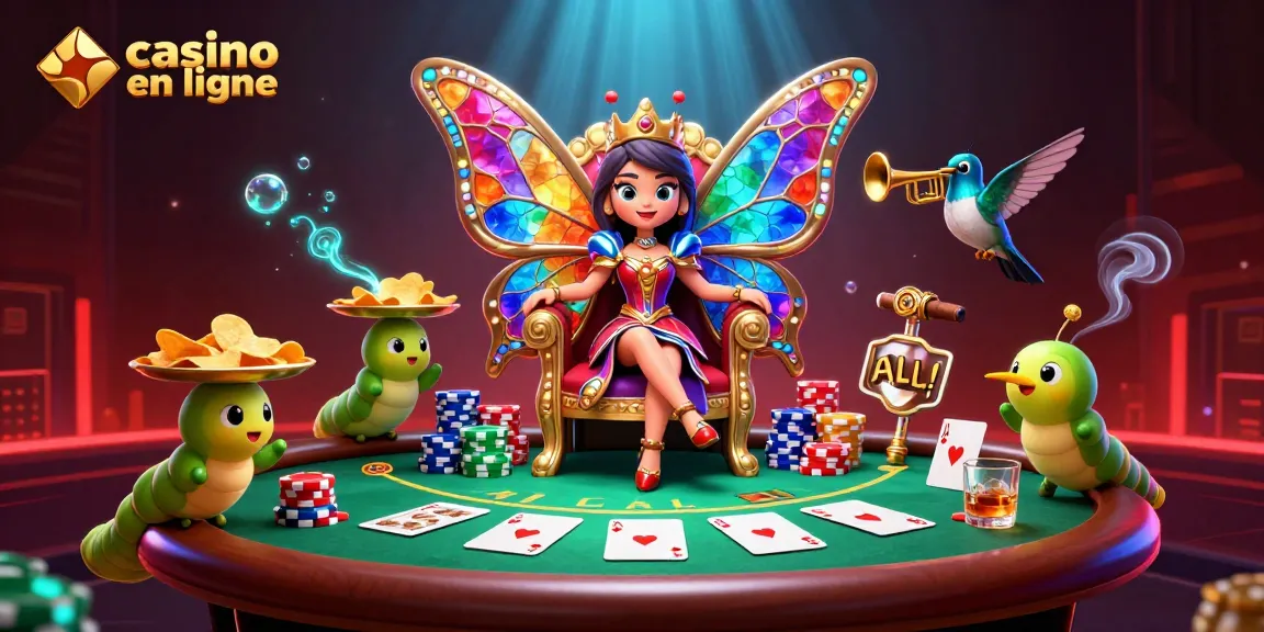 Jouez au casino en ligne avec une reine papillon et des personnages animés autour d'une table de poker.