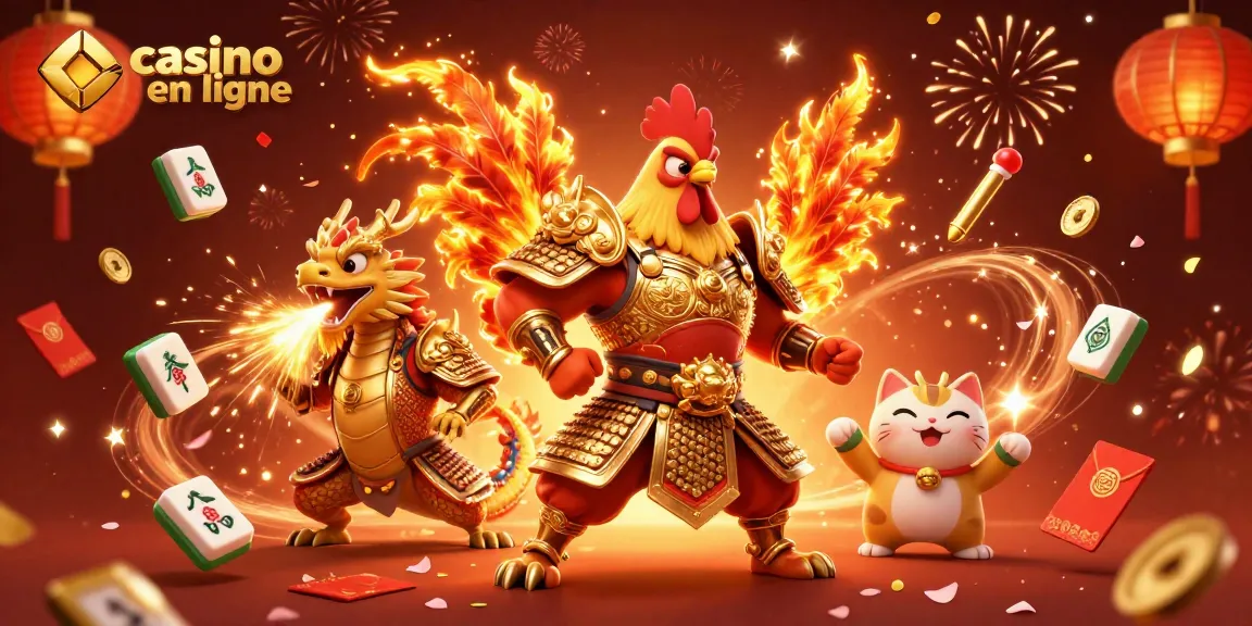 Scène dynamique de casino en ligne avec un guerrier coq, un dragon et un chat mascotte.