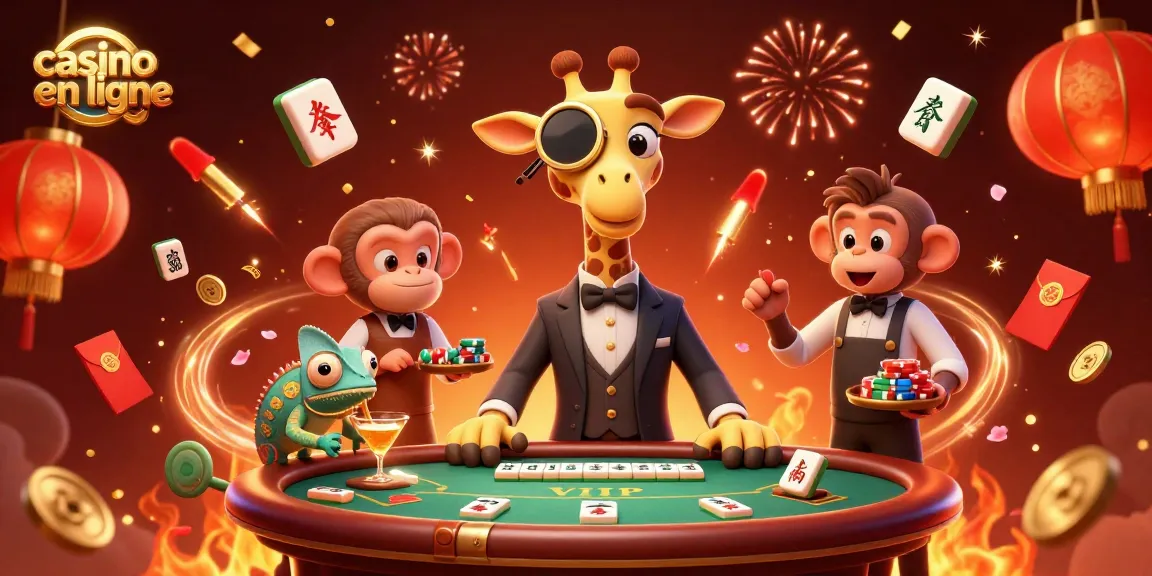 Découvrez une scène de casino en ligne animée avec un giraffe parieur, un valet et un barman caméléon.