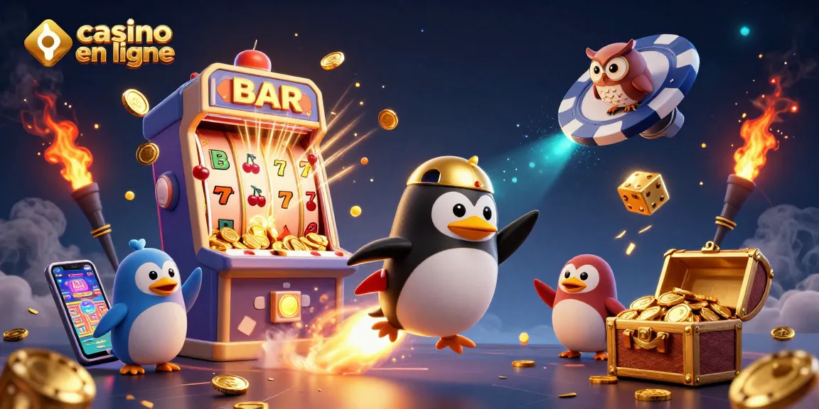 Une illustration dynamique d'un casino en ligne avec un pingouin en or et des machines à sous.