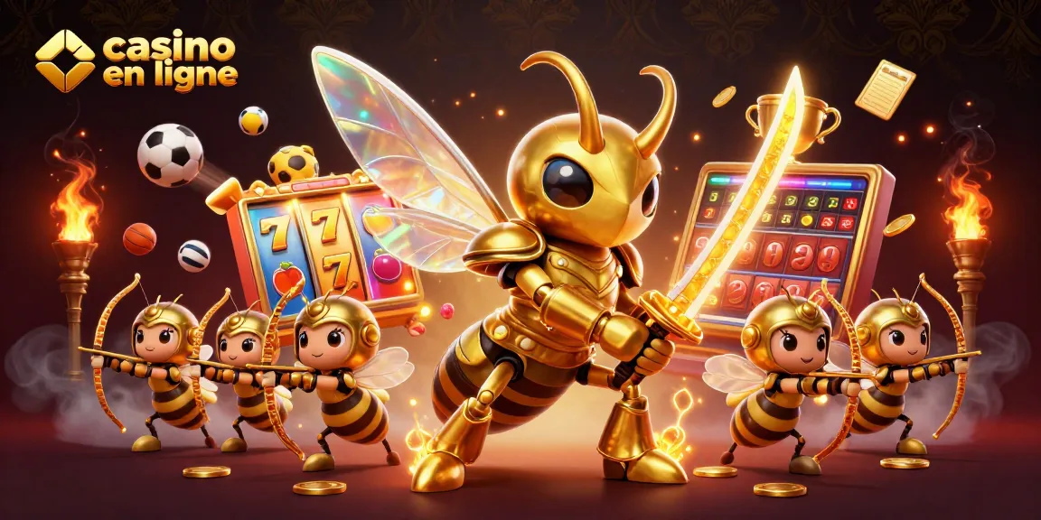 Découvrez l'univers des casinos en ligne avec une illustration captivante de jeux animés et de triomphes dorés.