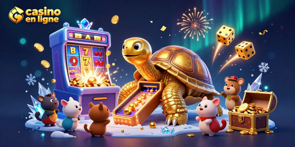 Illustration colorée de casino en ligne avec tortue dorée et machine à sous explosant de pièces.