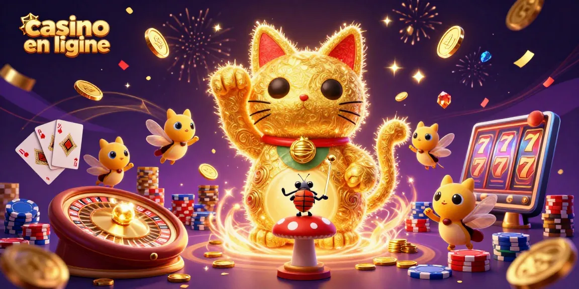 Les feux follets dorés dansent autour d'un chat porte-bonheur, symboles de casino en ligne s'éclairent.