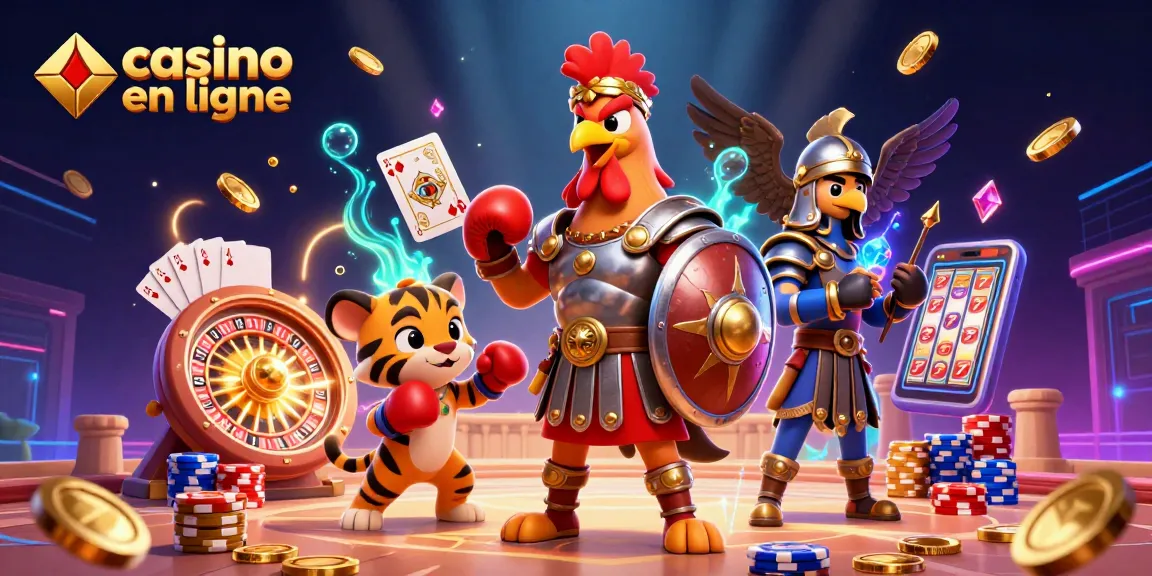 Gagnez avec le casino en ligne : illustration d'un coq gladiateur et un tigre boxeur.