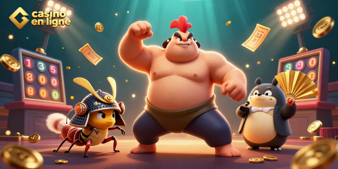 Découvrez le casino en ligne avec un coq sumo colossal, un cricket samouraï, et des éléments de jeu captivants.