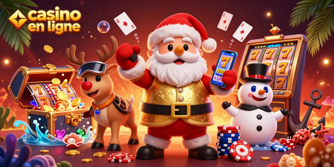 Illustration artistique mettant en avant casino en ligne avec le Père Noël et des éléments ludiques.