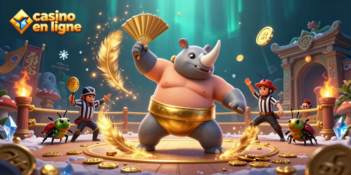 Casino en ligne : un rhinocéros scarabée sumo champion frappant, volant des pièces d'or.