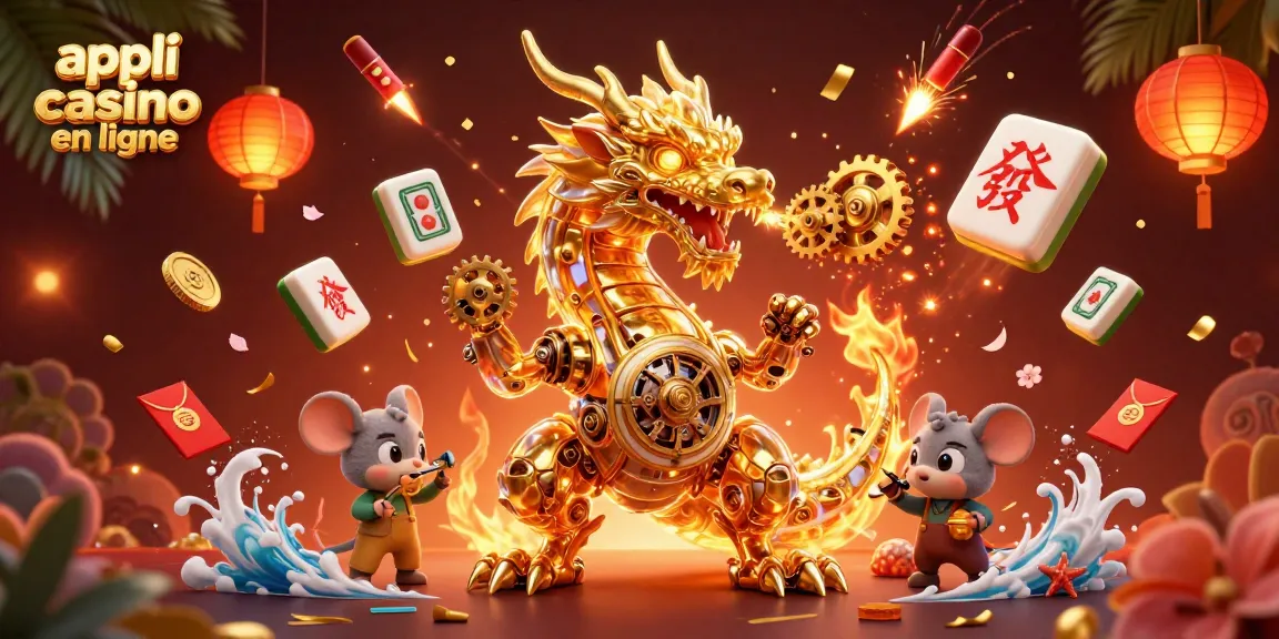 Découvrez l'appli casino en ligne avec un dragon doré mécanique dans une scène festive.