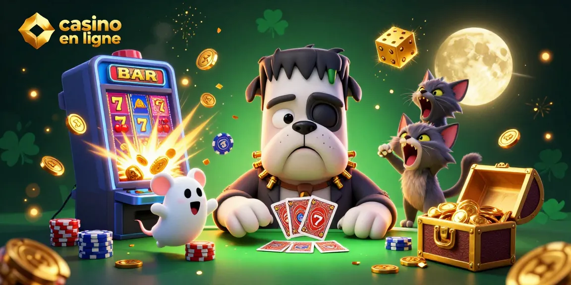 Jouez au casino en ligne avec un bulldog Frankenstein et une atmosphère magique.