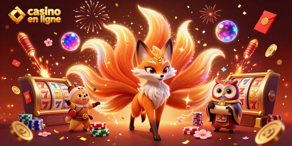 Jouer au casino en ligne avec un renard à neuf queues et une chouette sage entourés de feux d'artifice.