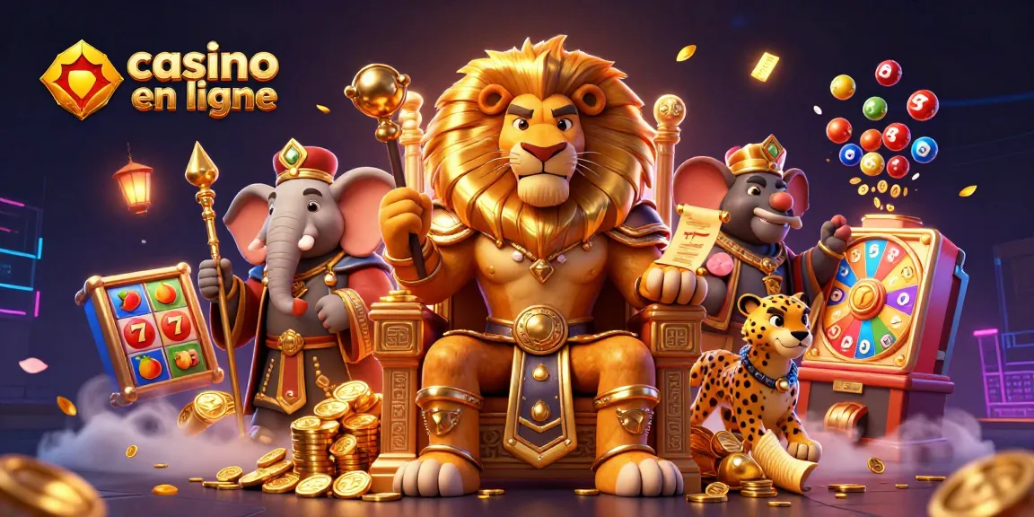 Illustration dynamique de casino en ligne avec roi lion, éléphant et guépard, jeux de loterie.