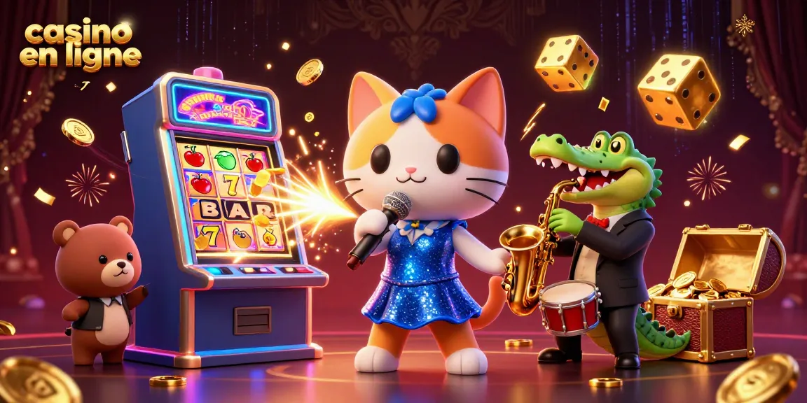 Festoyez dans le monde du casino en ligne avec un chat chanteur jazz et ses amis en fête.