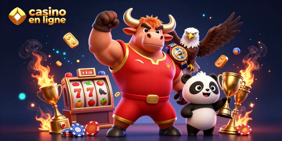 Vivez l'excitation aux casinos en ligne avec un taureau fort et un panda heureux célébrant des gains.