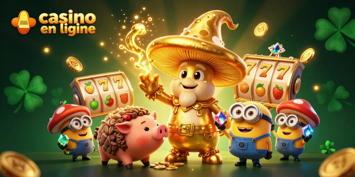 Illustration ludique d'un casino en ligne avec un magicien champignon et des trésors.